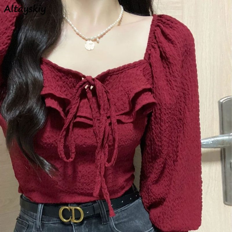 Crop Blouse Linen - Camicette rosse con lacci Casual Vintage