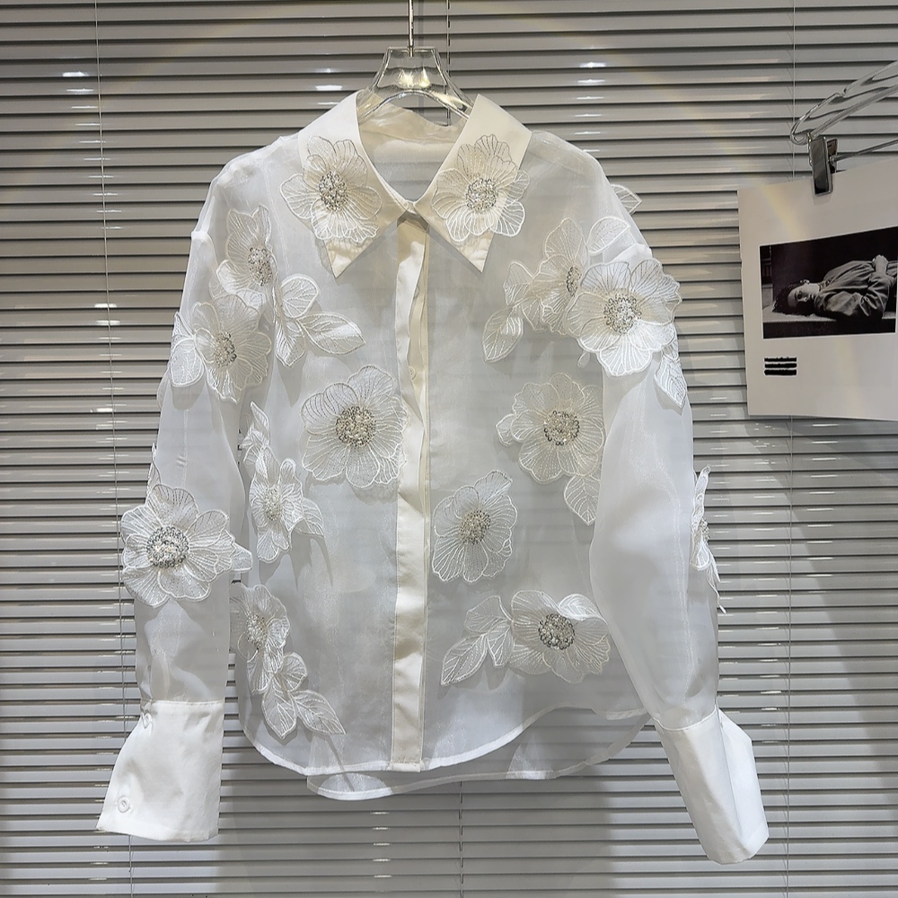Crop Blouse Linen - Paillettes primaverili Fiori 3D Maglia impiombata